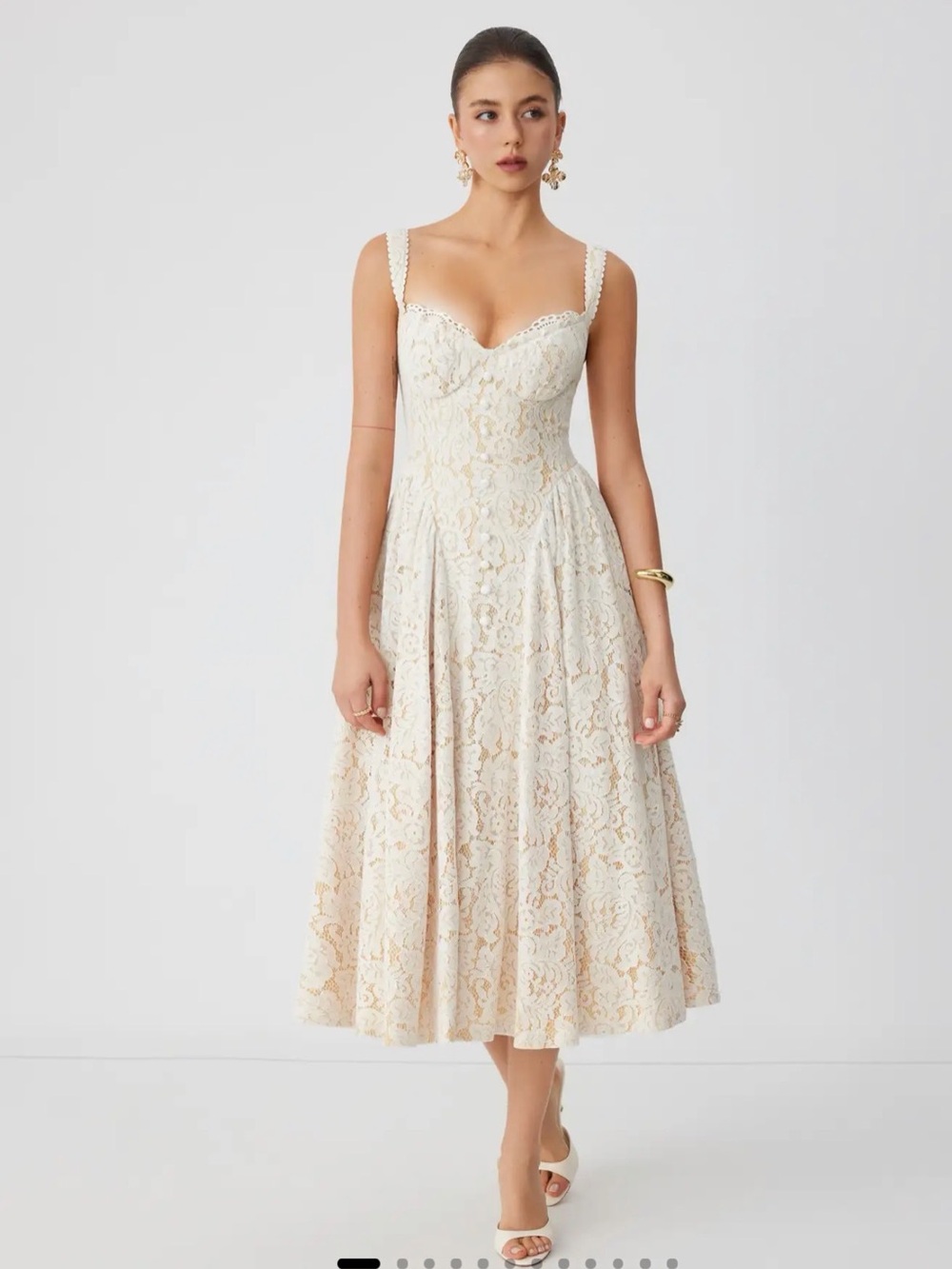Cider Cream Lace Midi Dress with Button Front